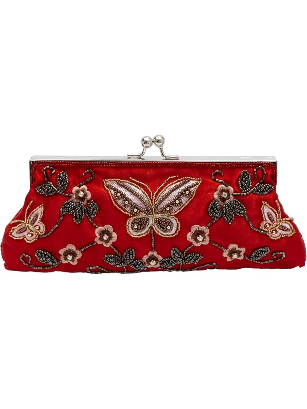 Womens Red Beaded Butterfly Embroidered Kiss Lock Frame Clutch Evening Bag